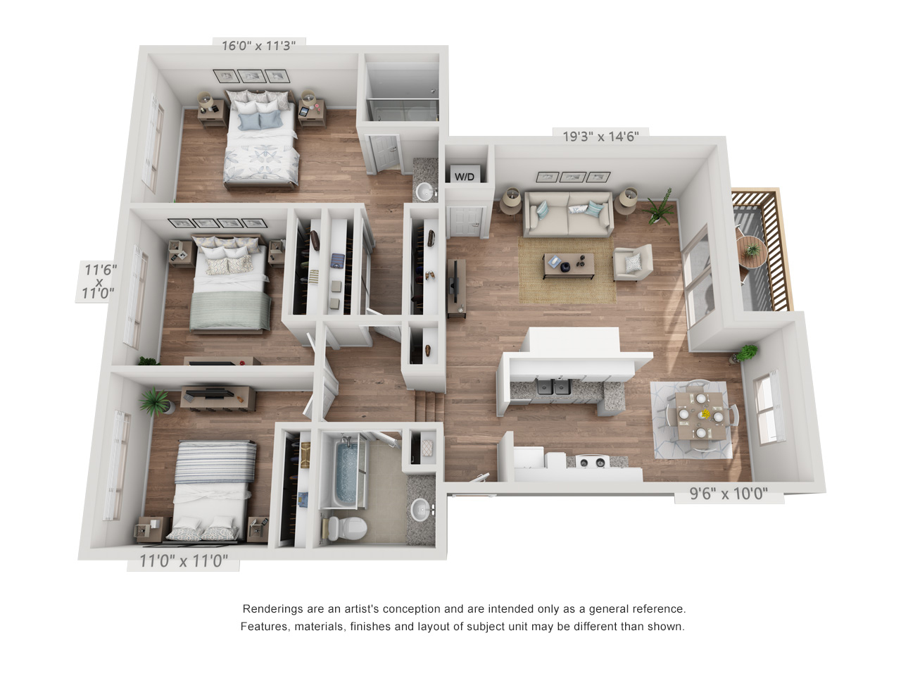 Floor plan for 3 beds, 2 baths, 1285 sqft